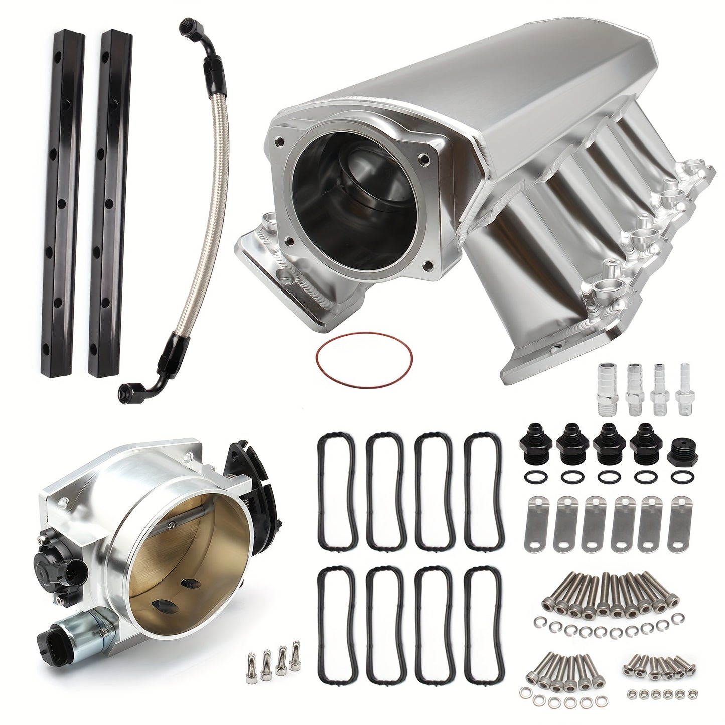 92mm Intake Manifold Kit with Fuel Rail Fit and Throttle Body 92mm Throttle Body Sheet Metal Fabricated EFI 15° Throttle Opening for for Chevy for GMC for Pontiac LS LS1 LS2 LS6 Silvery