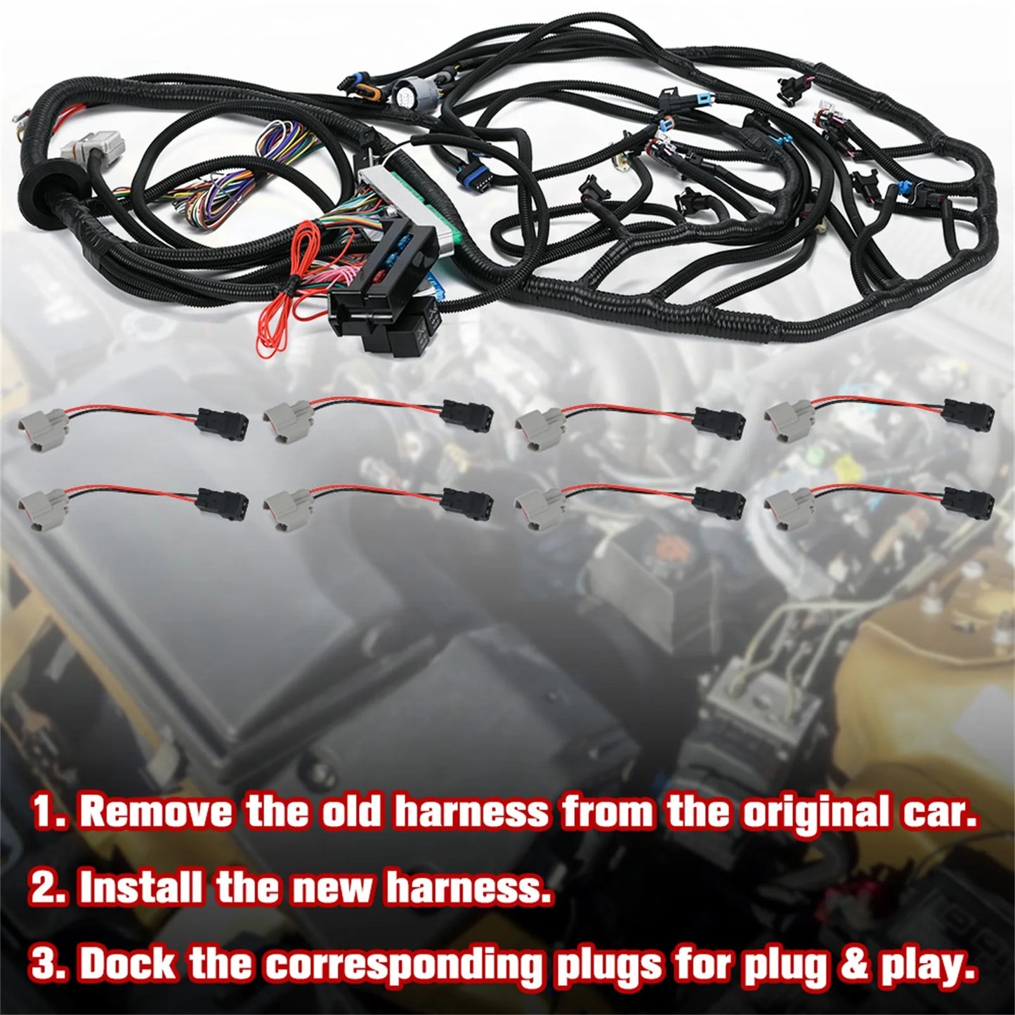 4L60E DBC LS Standalone Wiring Harness with 8 Pack Fuel Injector Connector Adapter EV1 Transfer to EV6 For GM LS1 4.8/5.3/6.0L