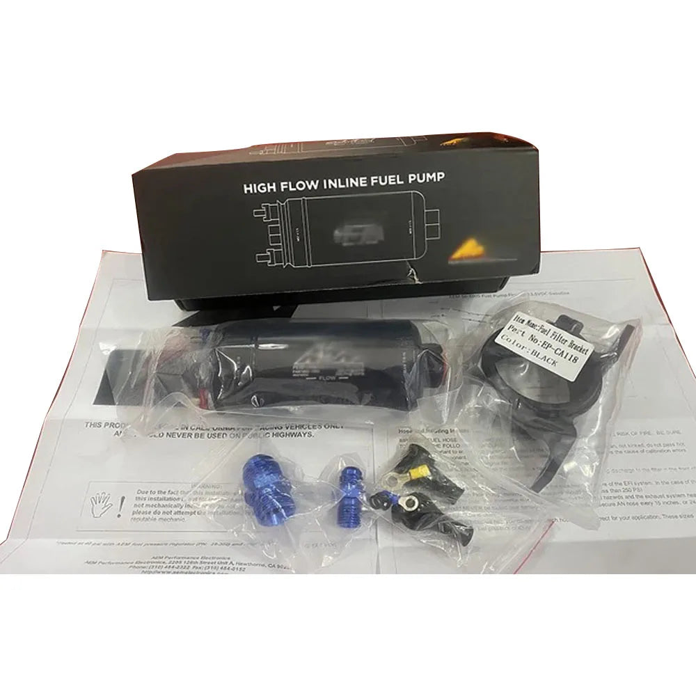 In Stock 0580254044 50-1005 400LPH High Pressure Inline Fuel Pump Kit E85 10AN Fitting+60MM Fuel Filter Bracket + for A-EM Decal