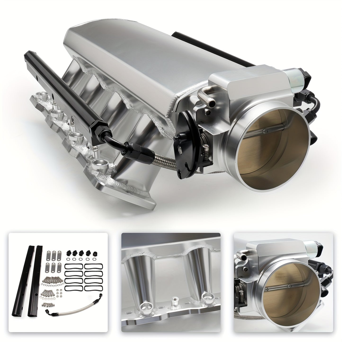 92mm Intake Manifold Kit with Fuel Rail Fit and Throttle Body 92mm Throttle Body Sheet Metal Fabricated EFI 15° Throttle Opening for for Chevy for GMC for Pontiac LS LS1 LS2 LS6 Silvery