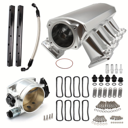 92mm Intake Manifold Kit with Fuel Rail Fit and Throttle Body 92mm Throttle Body Sheet Metal Fabricated EFI 15° Throttle Opening for for Chevy for GMC for Pontiac LS LS1 LS2 LS6 Silvery