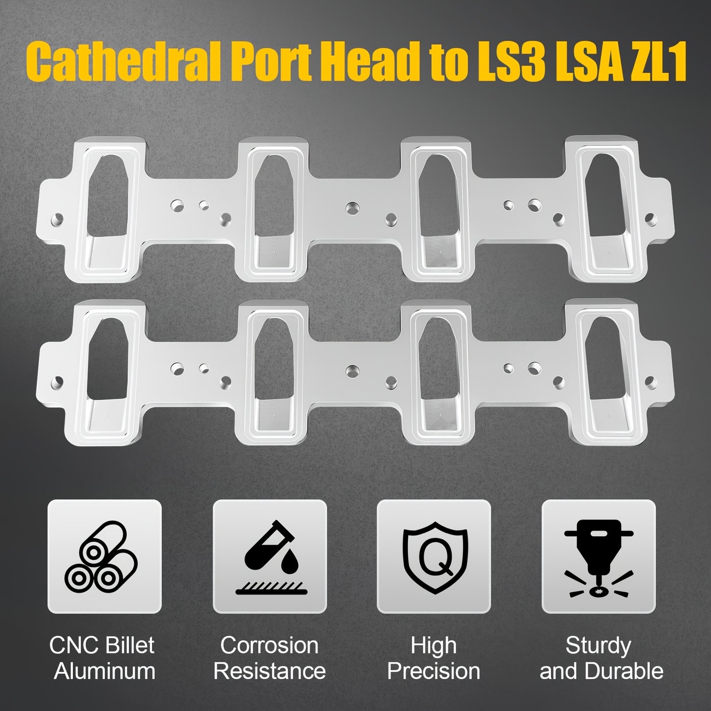 LS1 Cathedral Port Cylinder Head To LS3 LSA ZL1 CTS-V Billet Rectangle Intake Manifold Adapter Plates -Silver